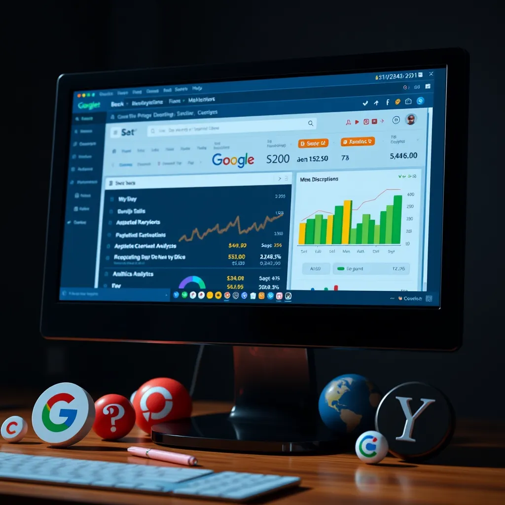 A detailed depiction of a computer screen displaying a website's back-end with SEO tools like keyword analysis, meta descriptions, and analytics charts. Surrounding the screen should be icons of search engines like Google, Bing, and Yahoo.