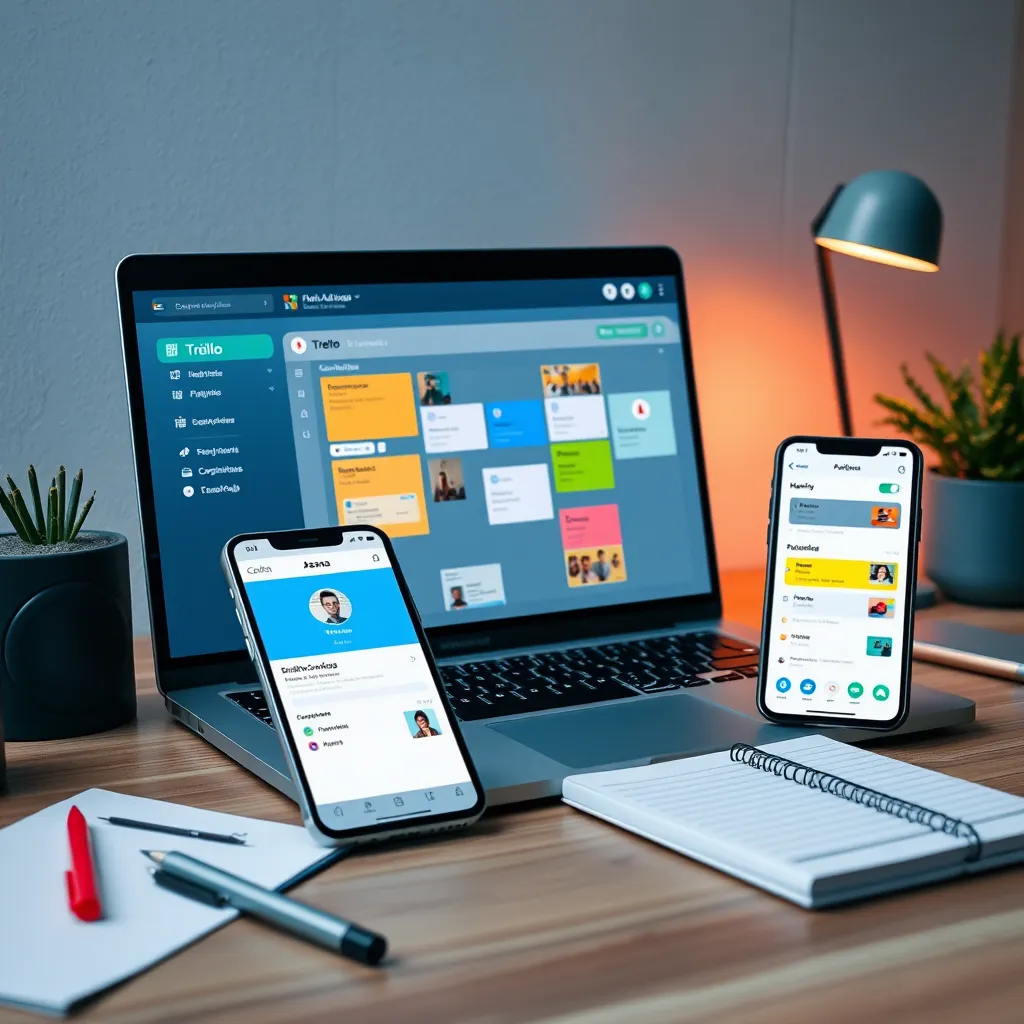 A digital workspace featuring a modern laptop screen displaying a Trello board with colorful cards, a smartphone beside it showing the Asana app, and various stationery items like pens and a notepad scattered around.