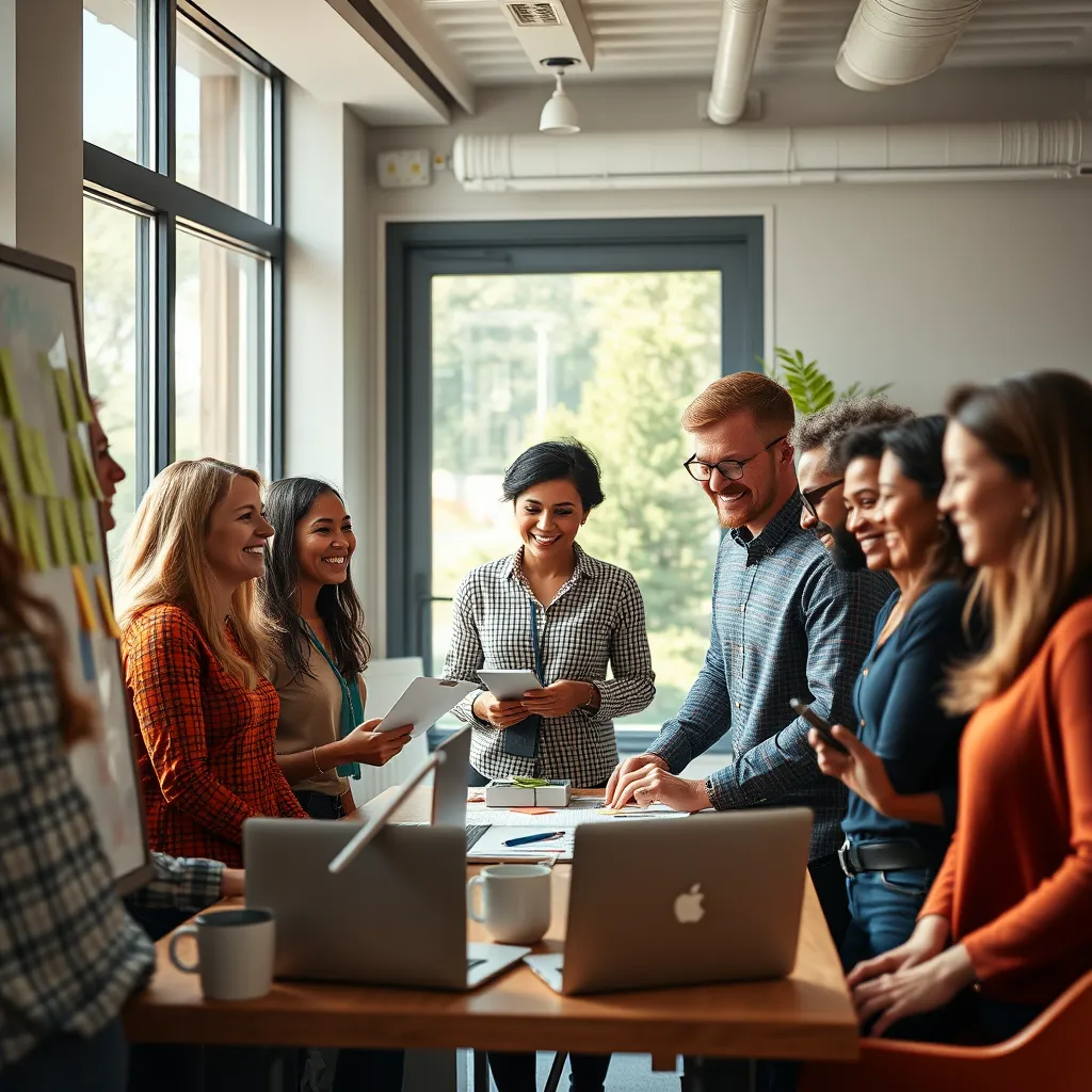A diverse group of people in a modern, cozy office setting, working collaboratively on a project. They are smiling, sharing ideas, and using various tools like whiteboards, laptops, and sticky notes. The atmosphere is energetic and focused, with a large window showing a bright, sunny day outside.