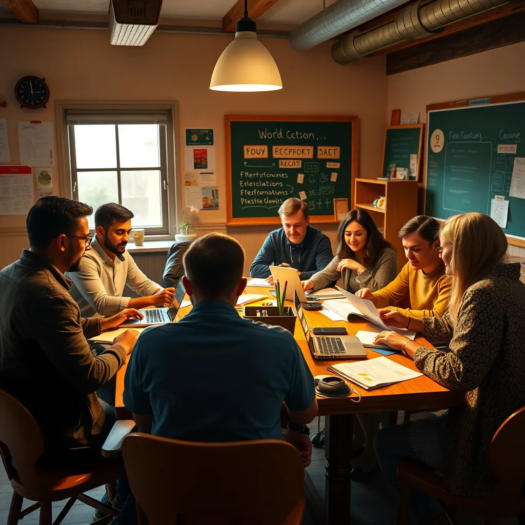 A diverse group of people sitting around a table with open laptops, notebooks, and instructional manuals, engaging in a lively discussion under warm, inviting lighting in a cozy room filled with educational posters and a chalkboard.