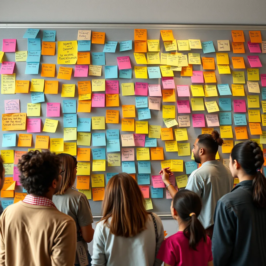 A dynamic community board filled with colorful sticky notes, questions, and answers. People of different ages and ethnicities are actively participating, writing their contributions or discussing ideas in an open, creative space.