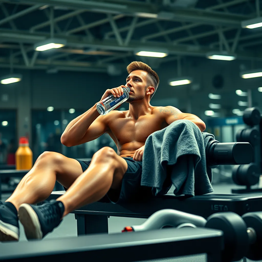 A dynamic image featuring a sporty, fit person sitting on a gym bench after a workout, sipping hydrogen water from a sleek bottle. Surround them with workout gear, weights, and a towel, under bright gym lights, capturing the essence of recovery and fitness.