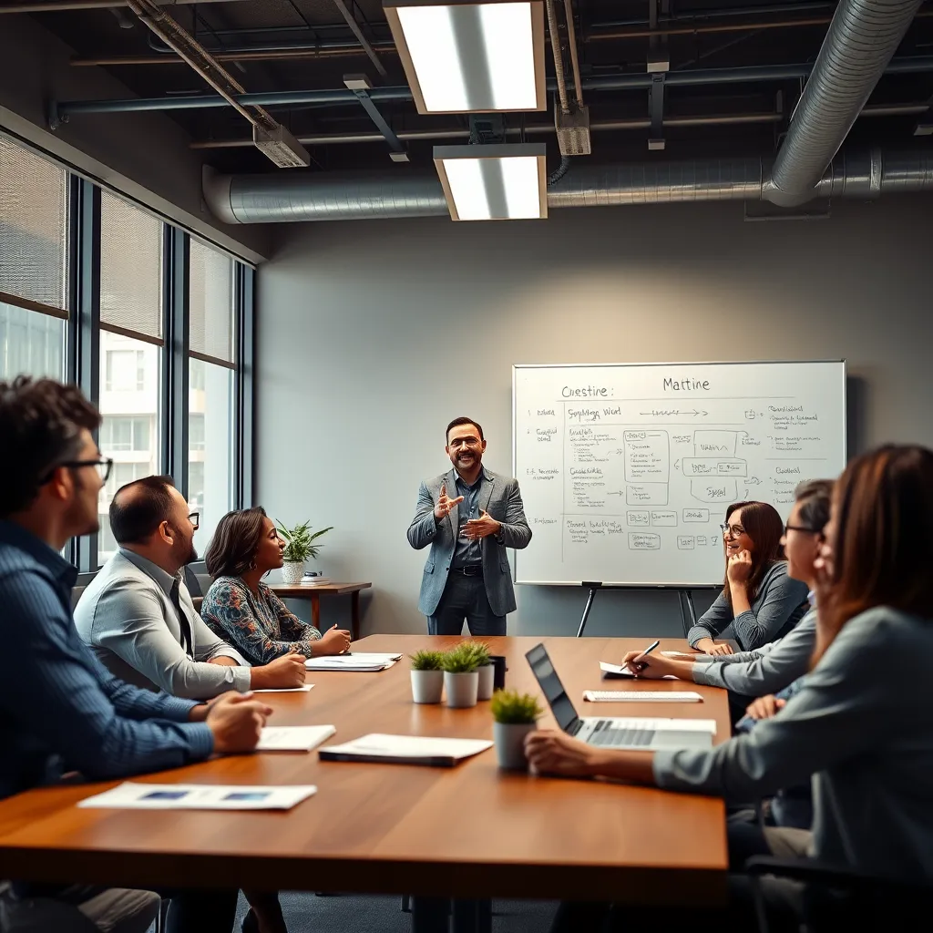 A dynamic office setting with a confident leader addressing a diverse group of team members in a well-lit conference room. The leader is standing at the head of a table, gesturing towards a whiteboard filled with strategic plans and notes. Team members are engaged, smiling, and actively participating in the discussion.