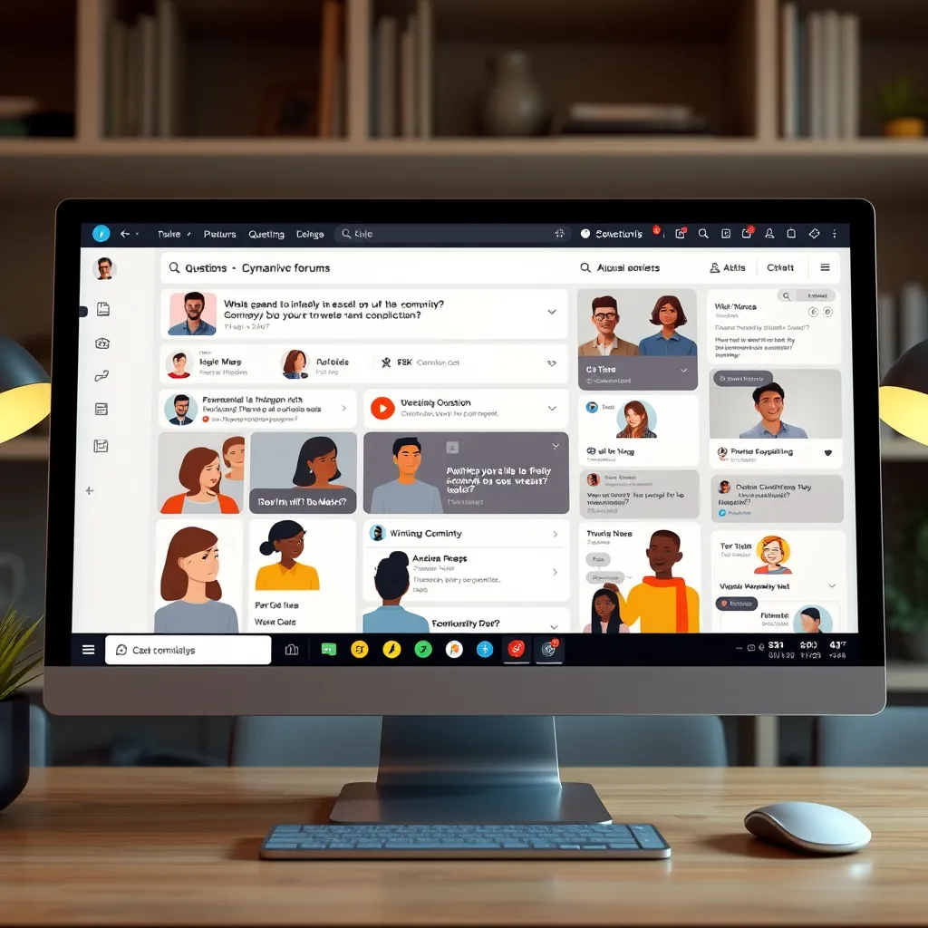 A dynamic online forum displayed on a computer screen, filled with questions and answers, with diverse avatars of community members engaged in active discussions, symbolizing a thriving virtual community.