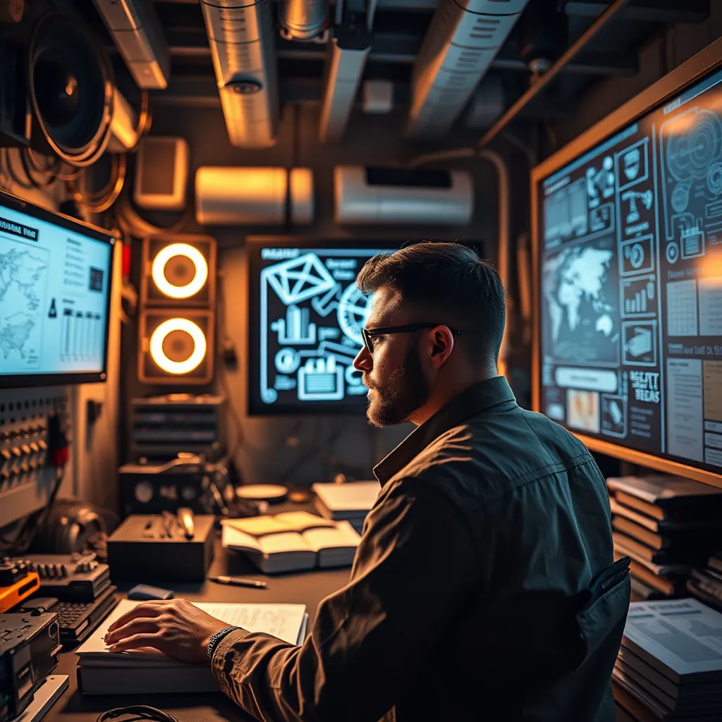 A focused individual in a high-tech workspace filled with complex diagrams on screens and whiteboards, surrounded by advanced tools and reference books, demonstrating a high level of concentration and knowledge.