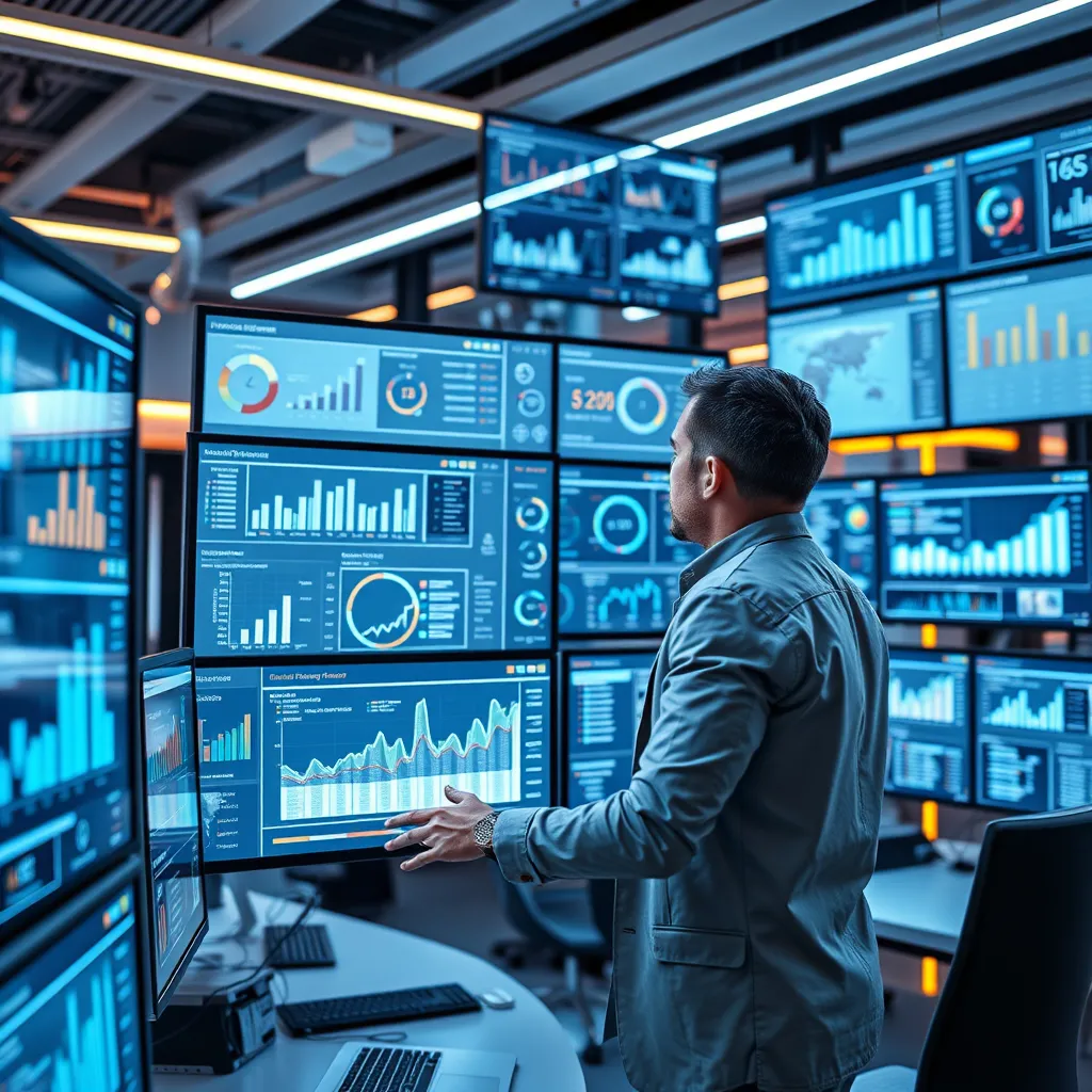 A futuristic office filled with multiple screens displaying various data analytics dashboards and charts. An entrepreneur is actively engaging with the touch-screen interfaces, analyzing sales performance metrics, customer behavior graphs, and live revenue updates. The background shows a high-tech environment with ambient LED lights.