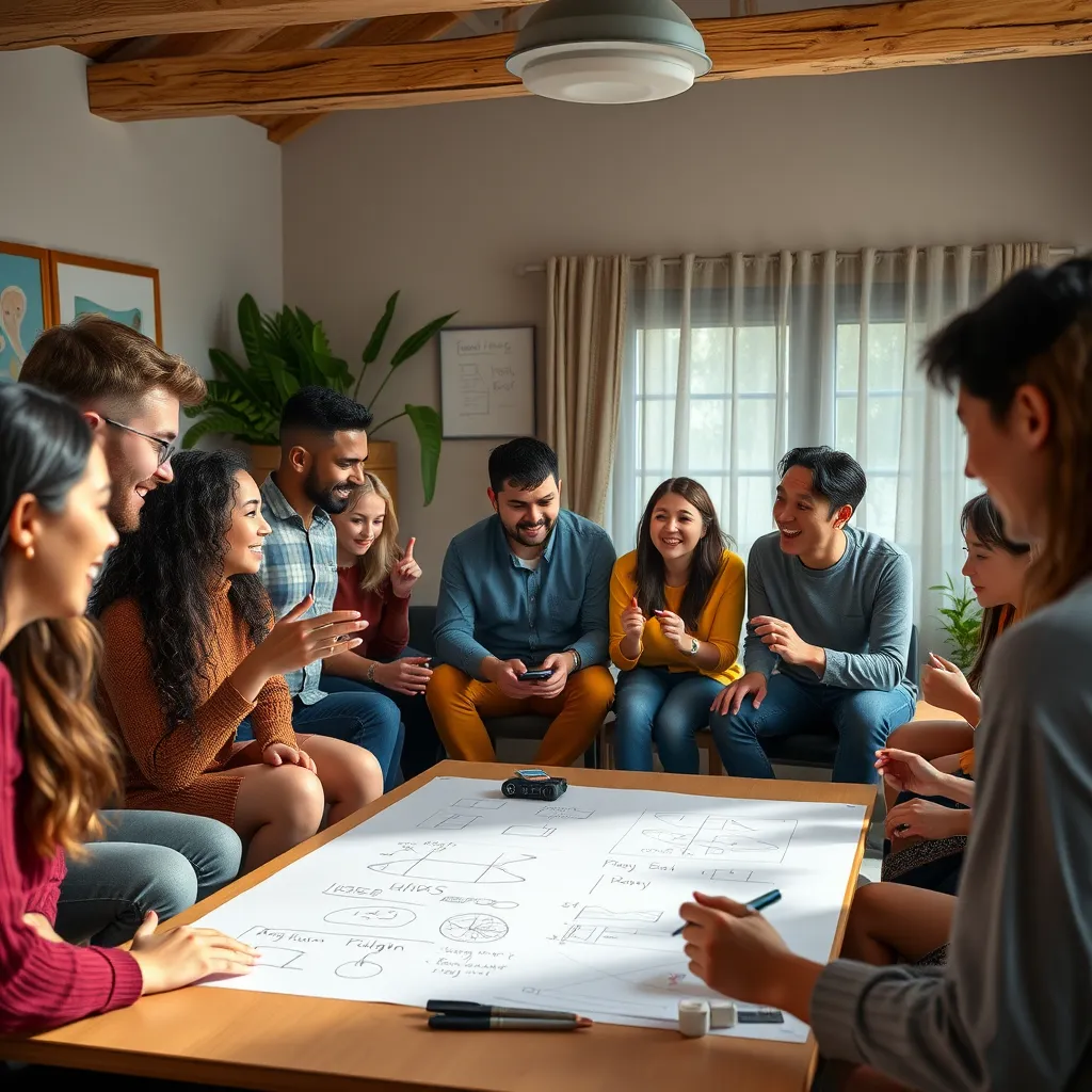 A group of diverse individuals in a cozy room, engaging in a workshop with a facilitator. They are shown interacting with excitement, writing ideas on large sheets of paper, and exchanging encouraging gestures, creating a dynamic atmosphere of learning and collaboration.