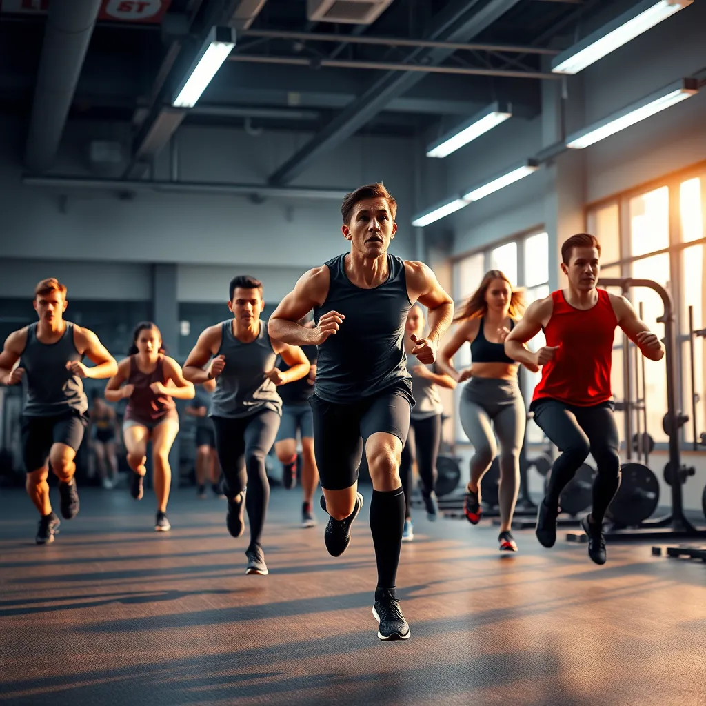 A group of people in a modern gym, intensely engaged in a high-intensity interval training session. They are performing different exercises like sprinting, burpees, jumping jacks, and squat jumps. The atmosphere is energetic, with bright lighting and advanced fitness equipment in the background.