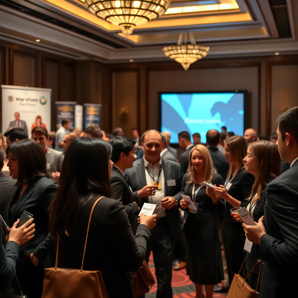 A group of professionals at a networking event or conference. They are engaged in lively conversations, exchanging business cards, and sharing ideas. The setting is elegant, with banners, refreshments, and a presentation area visible in the background.