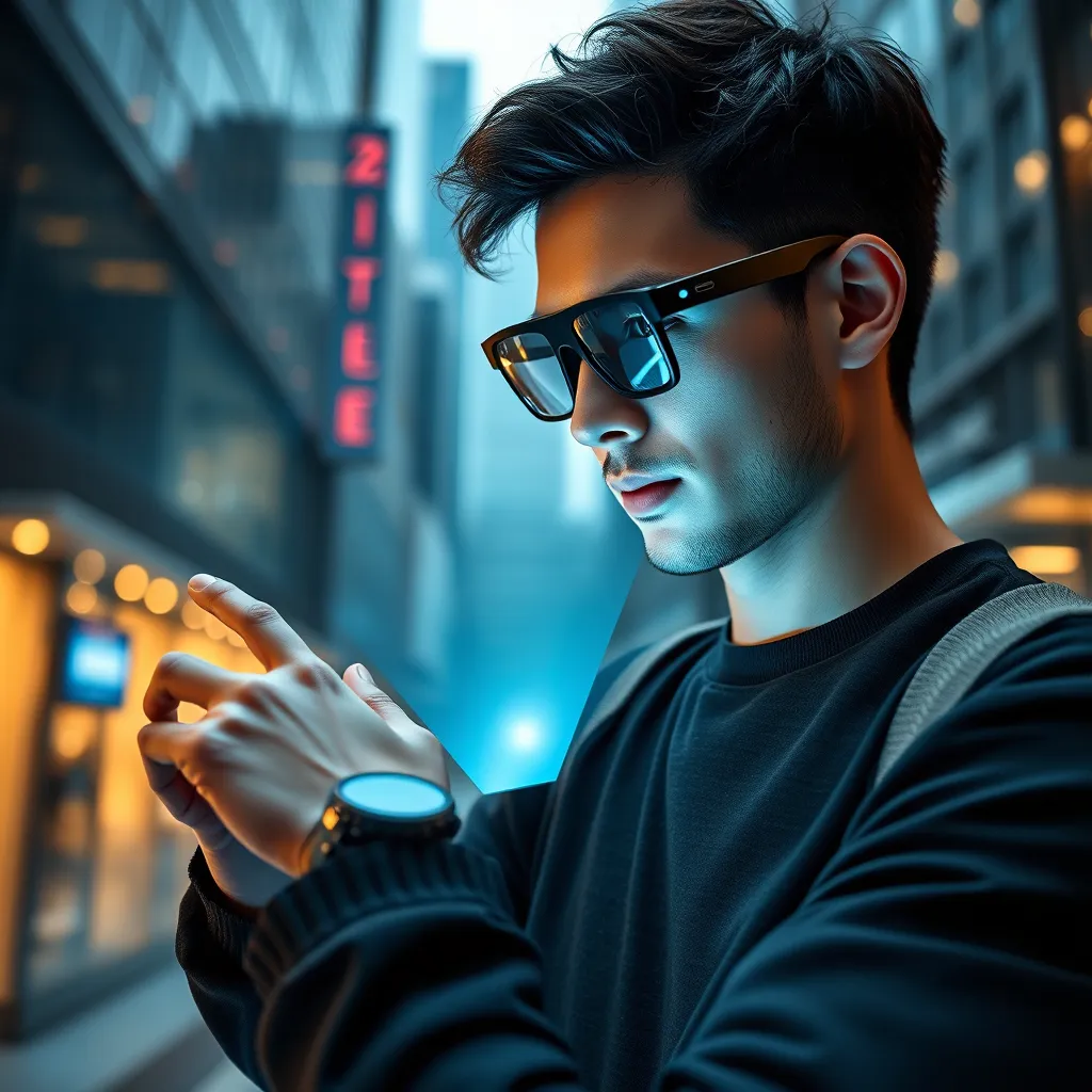 A high-quality, photorealistic image of a person wearing an advanced, sleek smartwatch and augmented reality glasses in a modern urban environment. The individual is interacting with a holographic display projected from the smartwatch, showcasing a blend of cutting-edge technology and daily life.