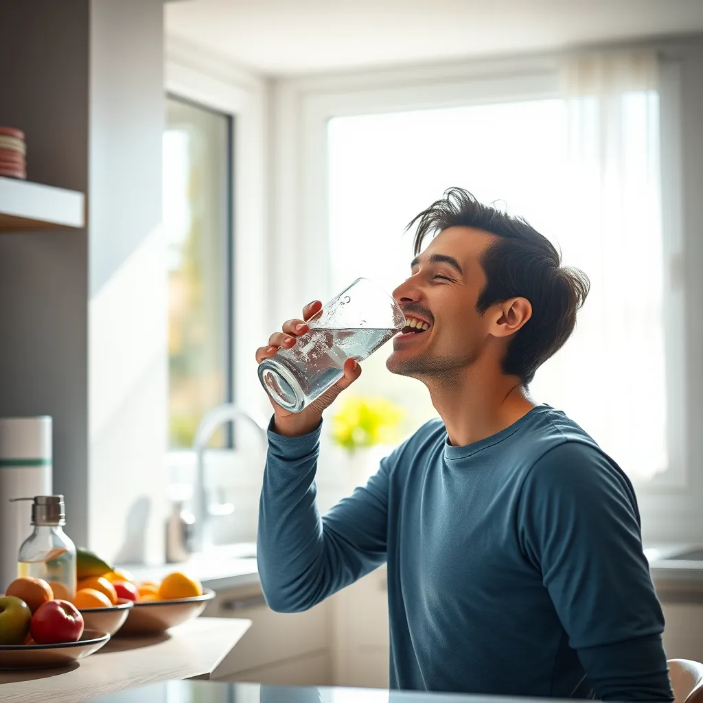 A high-quality image of a person joyfully drinking hydrogen water from a stylish glass, with water droplets on the glass. The setting is a sunlit kitchen with fresh fruits and a water filter, depicting an active lifestyle and hydration benefits.