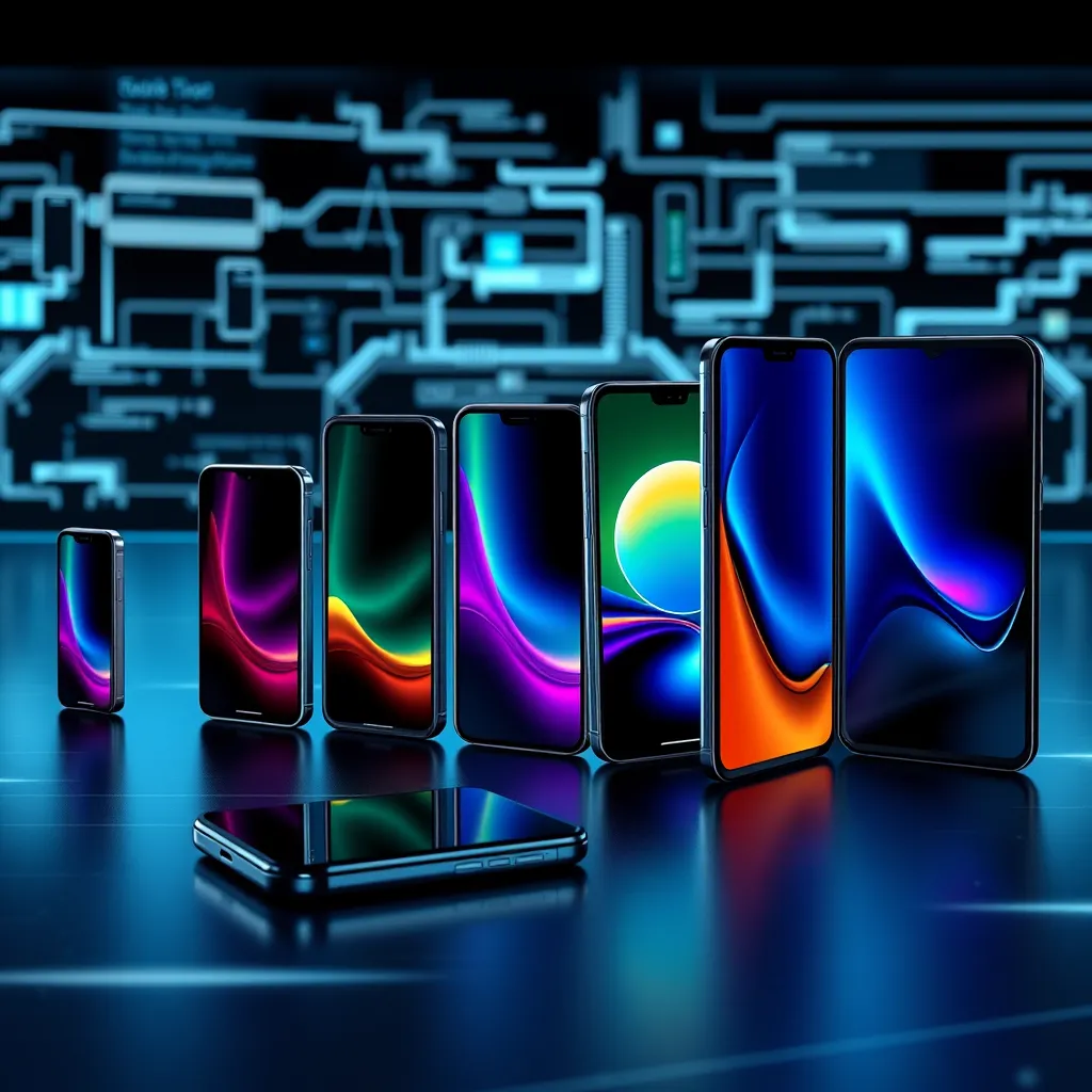 A high-resolution image showcasing the progression of smartphones over the years. Start with an early model from the 2000s, transitioning through various innovative designs to the latest high-tech model with a foldable display. Place these devices on a sleek, tech-themed background to highlight their evolution.