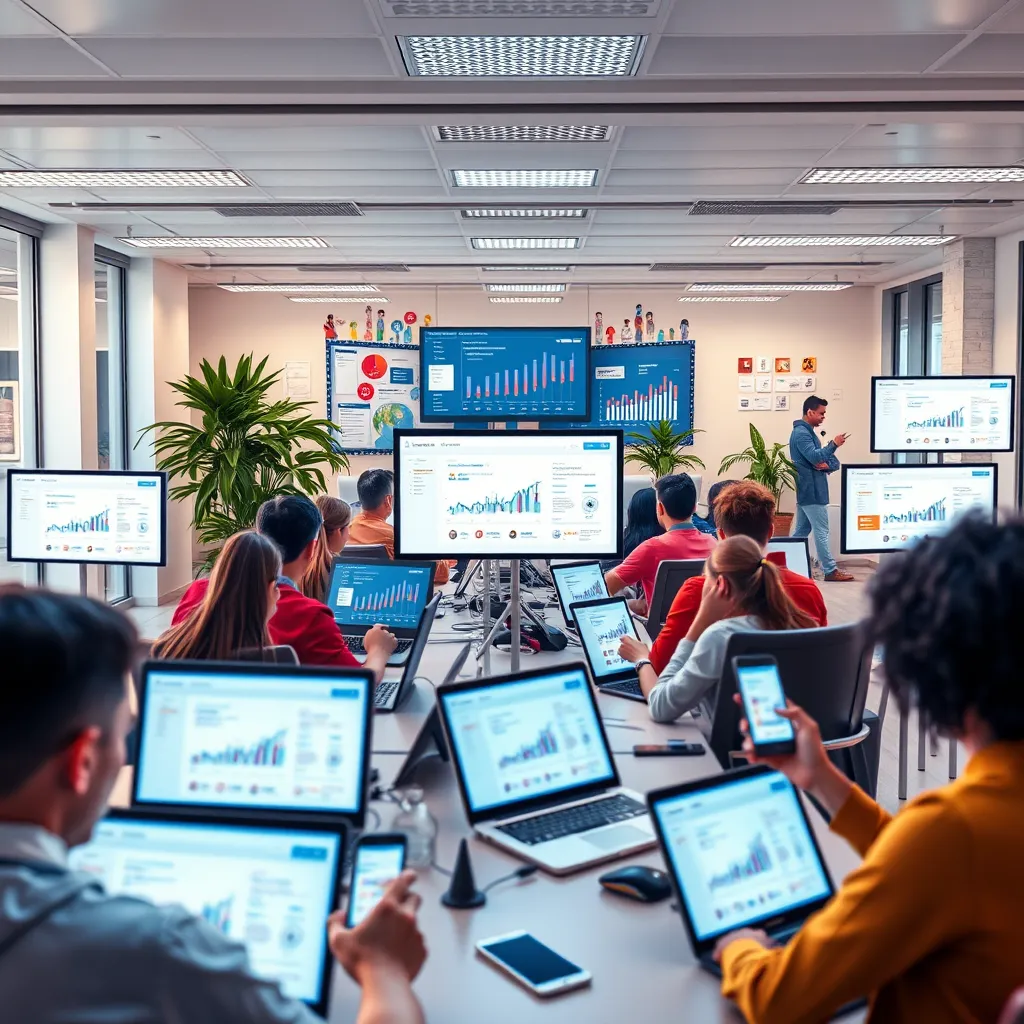 A lively office with people working on laptops and smartphones, showing social media dashboards on screens. Vibrant illustrations of social media icons, user interaction graphs, and notifications popping up on the screens.