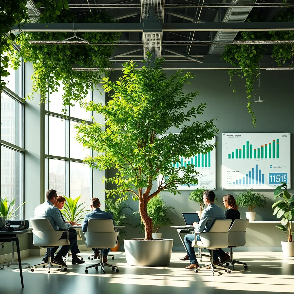 A lush green office space with large windows allowing natural light, showcasing a meeting between executives and environmental consultants. A tree is growing in the middle of the room, symbolizing sustainability. Charts on the wall depict balanced growth strategies, emphasizing eco-friendliness and social responsibility.