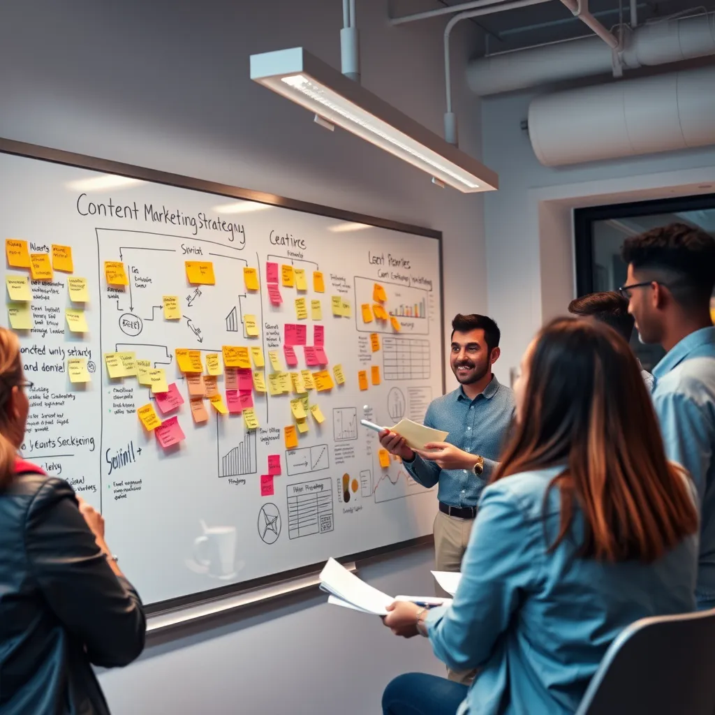 A modern office with a whiteboard covered in sticky notes, flow charts, and graphs related to content marketing strategies. A diverse group of professionals engaged in a discussion, emphasizing creativity and strategy planning.