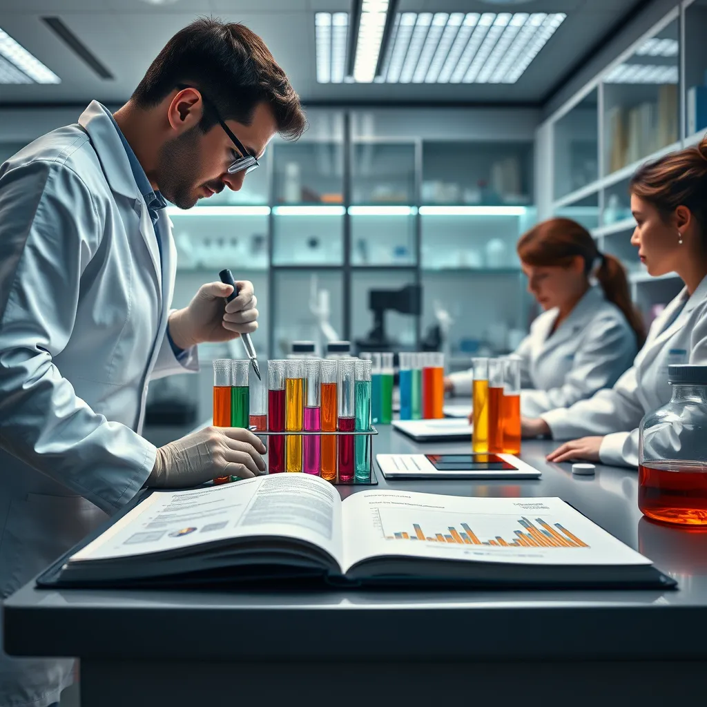 A modern scientific laboratory with researchers wearing white lab coats examining test tubes filled with colorful liquids. On a desk, there are open scientific journals and graphs indicating successful test results, depicting credible research.