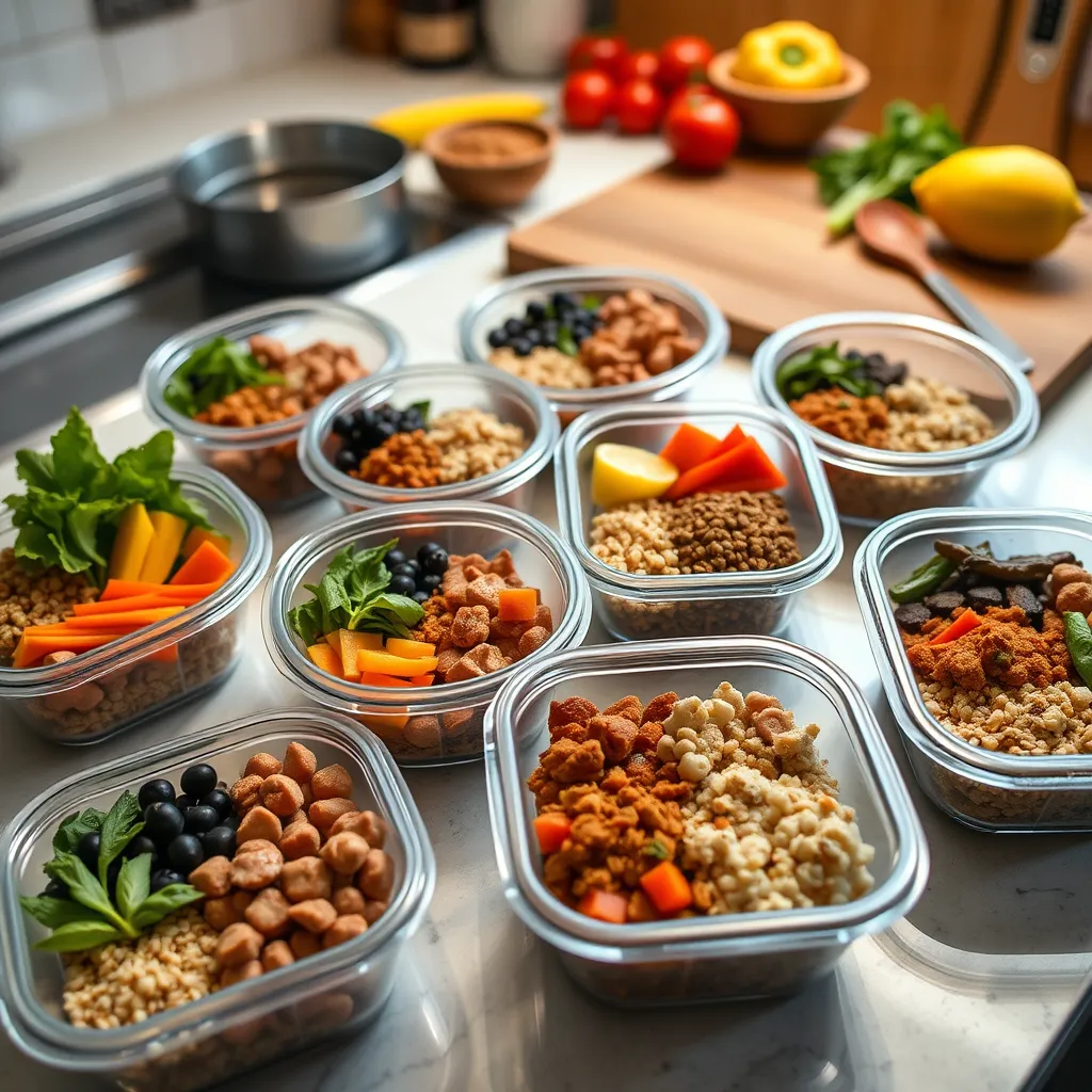 A neatly arranged meal prep scene with multiple small containers, each filled with colorful, balanced portions of protein, vegetables, and grains. The background shows a clean kitchen countertop with cutting boards and fresh ingredients.