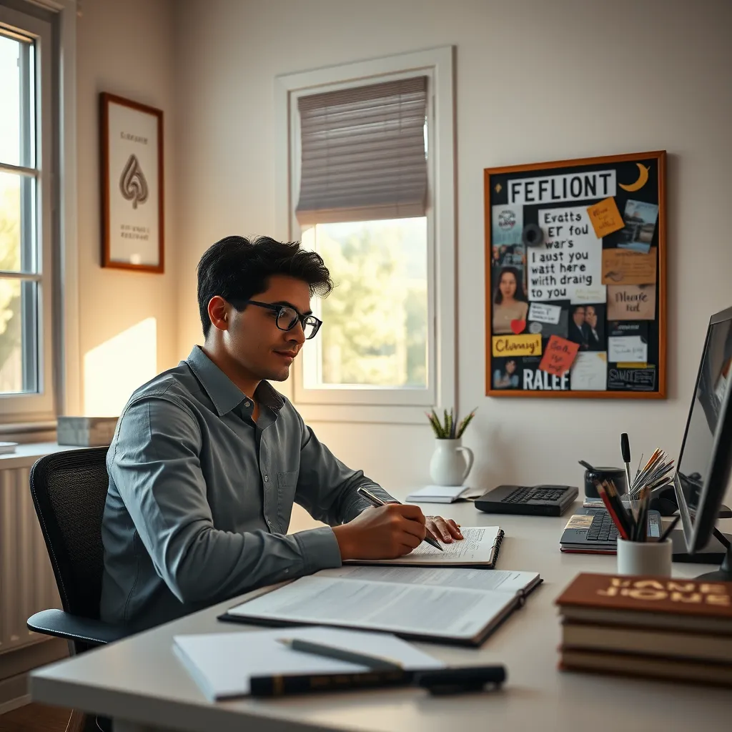 A person confidently writing in a journal at a tidy and peaceful desk, illuminated by natural sunlight coming through a window. Nearby, a vision board with a mix of motivational quotes and images is displayed, symbolizing aspiration and clarity.