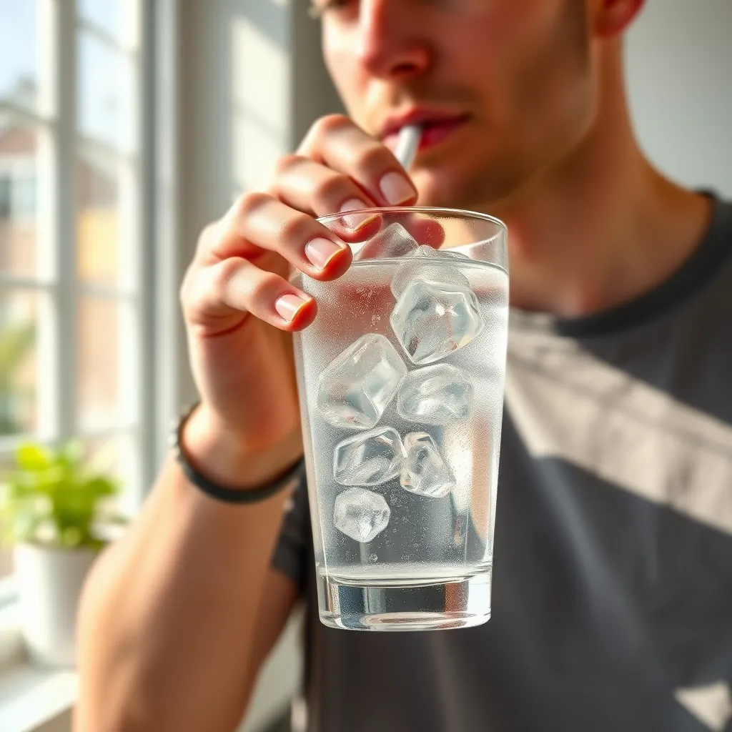 A person holding a clear glass of water with ice cubes, taking a sip. The background shows a sunny kitchen with green plants on the windowsill. The water droplets on the glass and the condensation provide a refreshing feel.