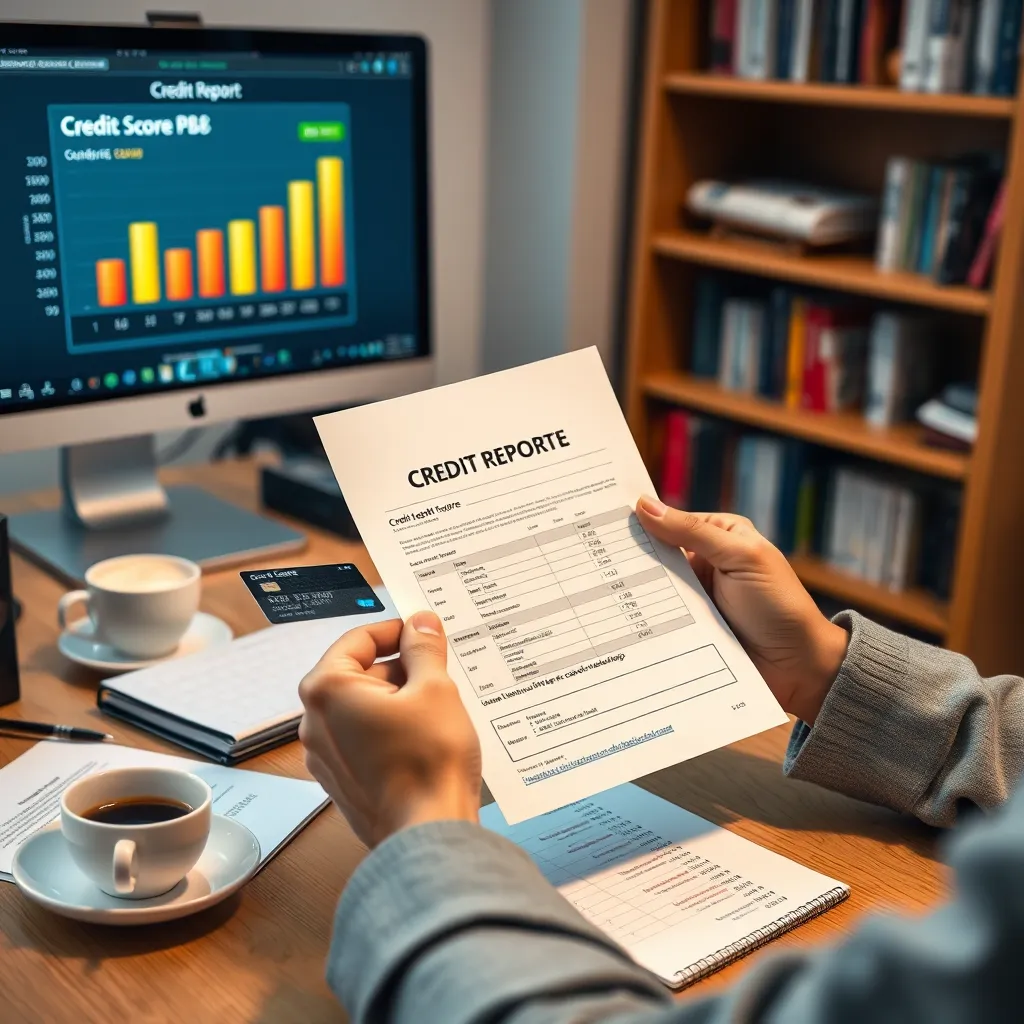 A person holding a credit report while sitting at a desk. On the desk, there are a credit card, a cup of coffee, and a computer displaying a credit score chart. The background includes a bookshelf with financial guides.