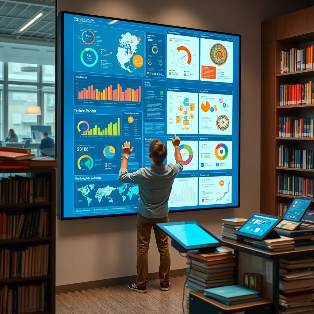 A person standing in front of a large touch-screen display filled with colorful data visualization and diagrams, actively interacting with the screen. Nearby, shelves of books and digital tablets highlight a mix of traditional and modern learning tools.