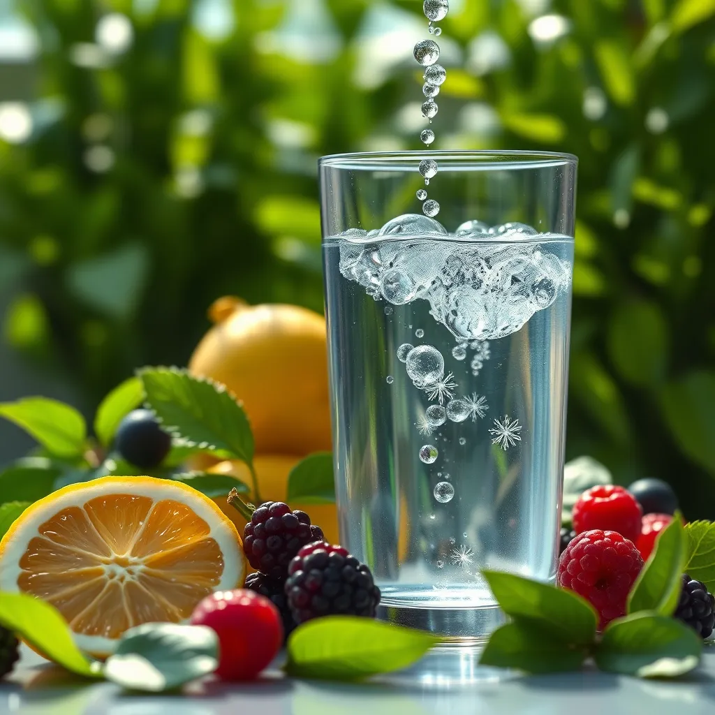 A photorealistic image of a clear glass filled with hydrogen water, surrounded by fresh fruits like lemon and berries. The background showcases green plants with sunlight streaming in, creating a vibrant and refreshing atmosphere. Include bubbles in the water to emphasize its unique properties.
