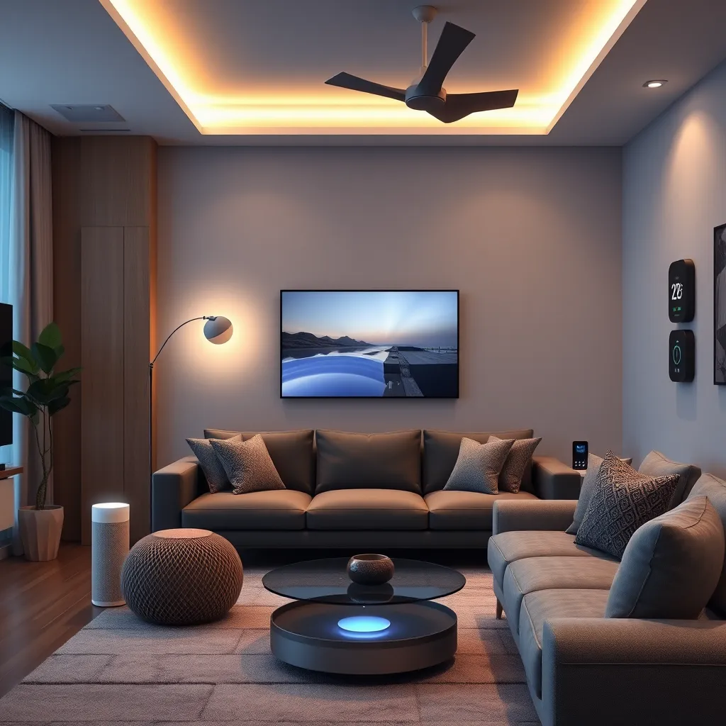 A photorealistic image of a contemporary living room featuring several smart home devices, such as a voice-activated speaker, smart lighting, and a smart thermostat. The setting should be cozy yet futuristic, highlighting the integration of various smart gadgets seamlessly working together.