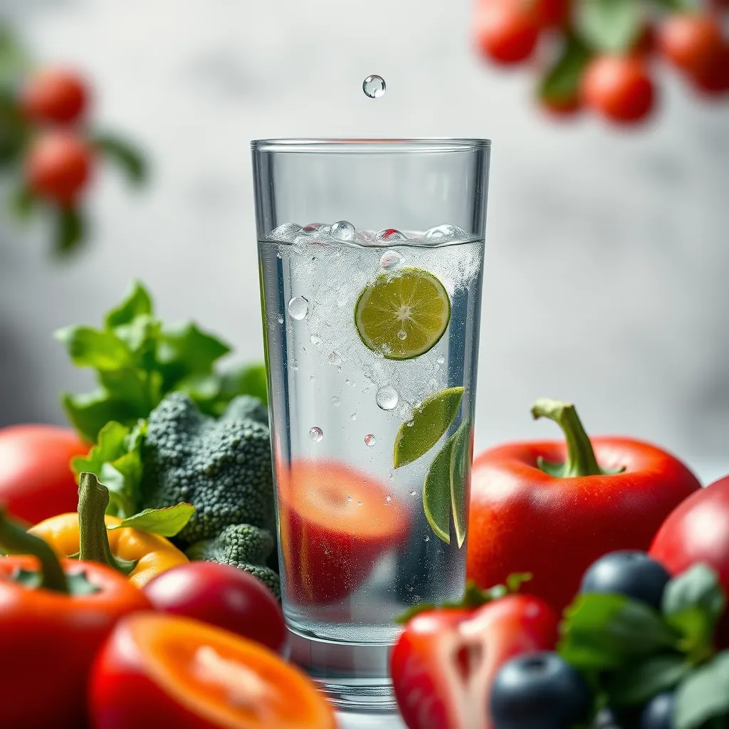 A photorealistic image showing a glass of hydrogen water with bubbles rising, surrounded by vibrant fruits and vegetables symbolizing antioxidants. Include a serene background, emphasizing a healthy lifestyle, with soft lighting that highlights the freshness of the water and produce.
