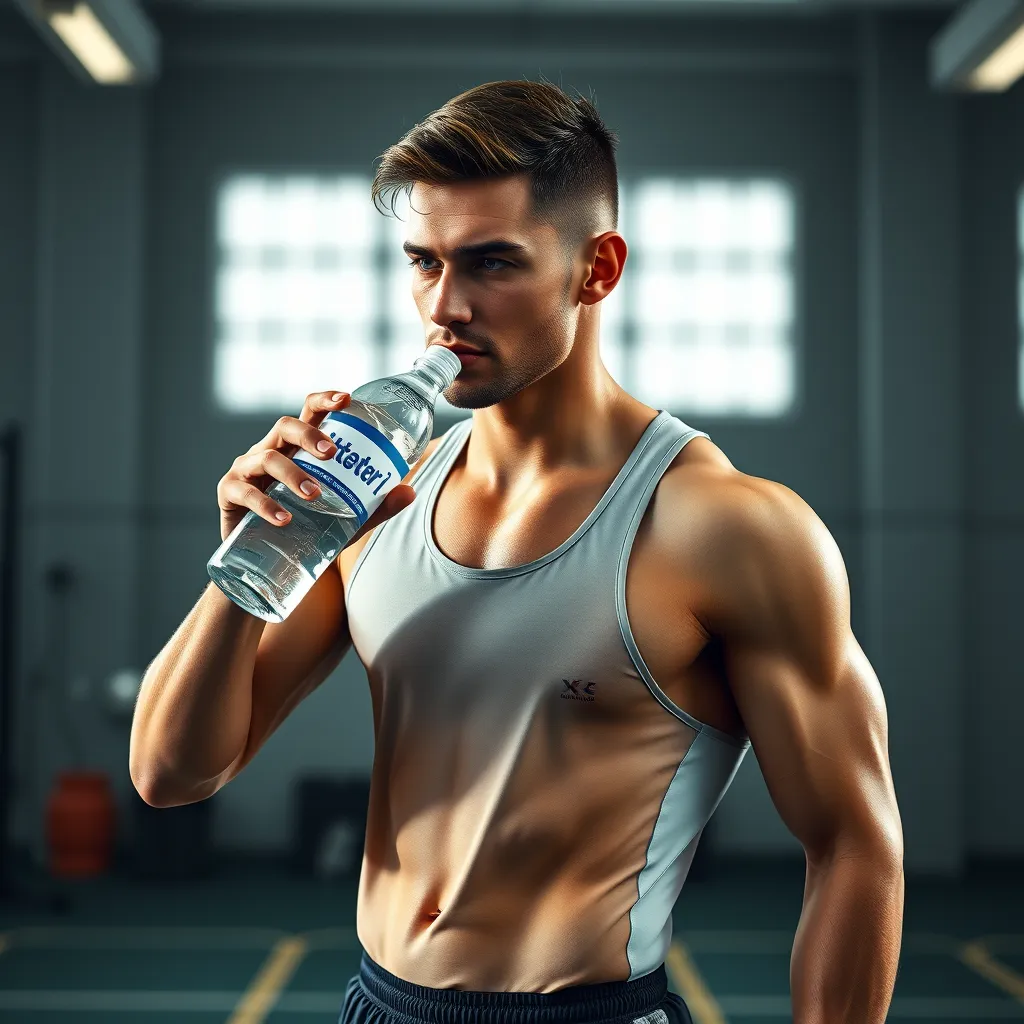 A photorealistic scene of a fit athlete in a sports outfit drinking hydrogen water after a workout. Show a backdrop of a gym or a running track, with a focus on the athlete's refreshed expression and energetic posture.