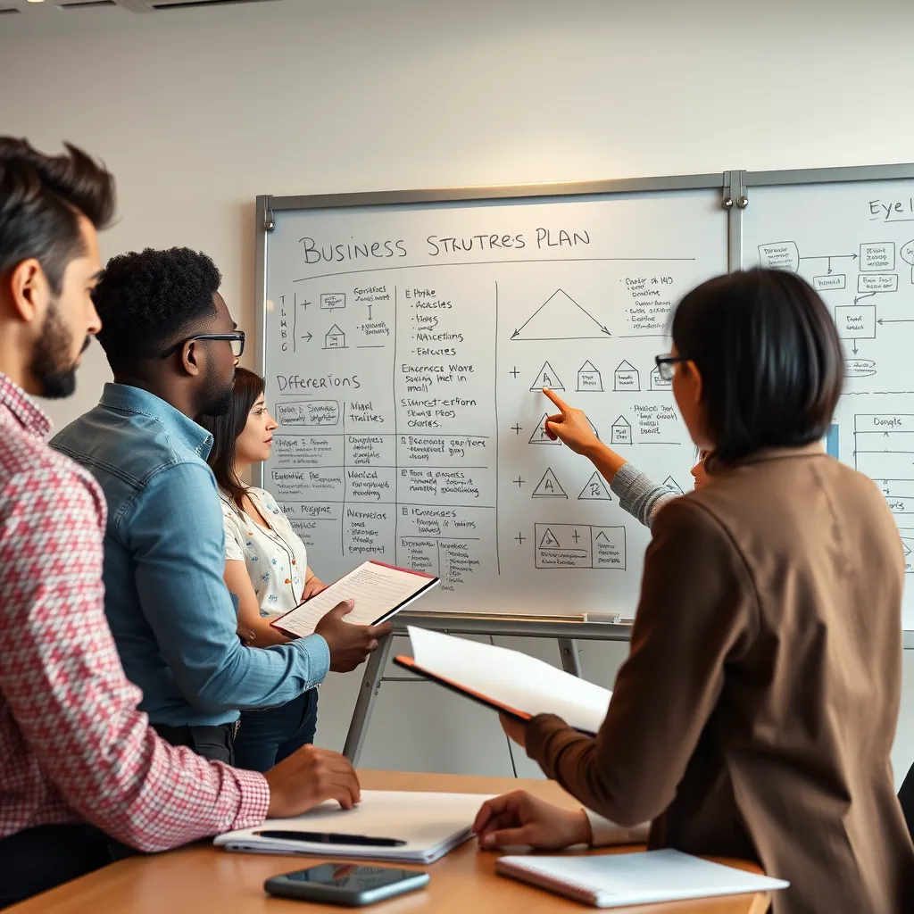 A professional office setting with a diverse group of people discussing business plans. Charts and business structure diagrams are displayed on a large whiteboard. Participants are engaged, taking notes, and pointing at different business structure options.