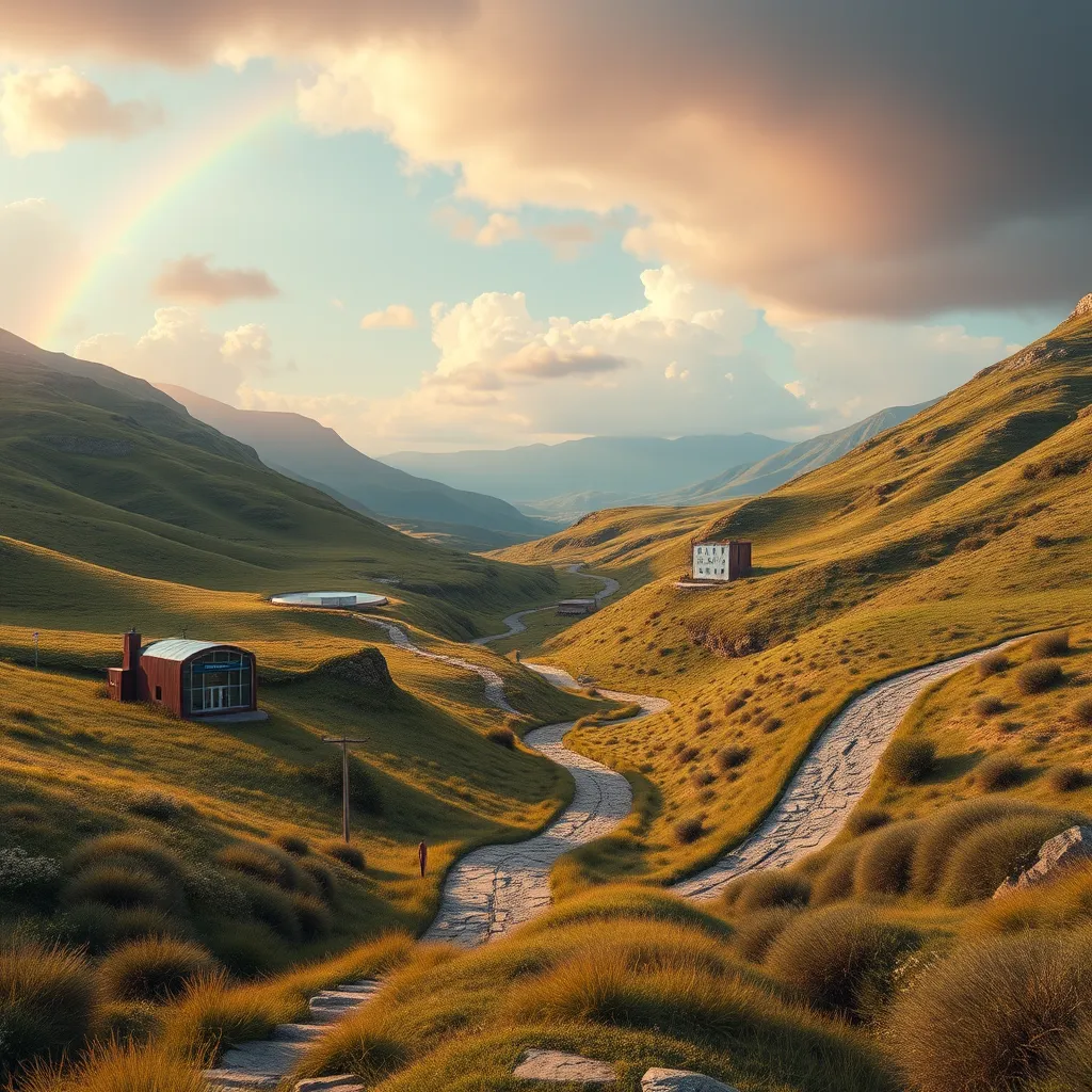 A serene yet inspiring landscape with a valley that opens into multiple paths leading to various intriguing destinations like a science lab, an art studio, and a tech hub. The background includes a beautiful sky with a rainbow, symbolizing endless possibilities.