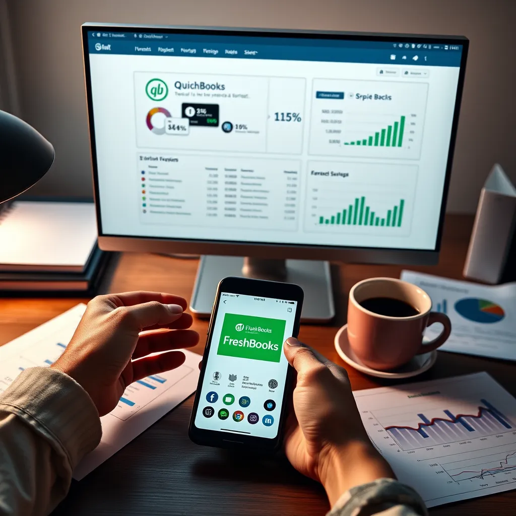 A sleek desk setup with a computer screen showing a QuickBooks dashboard, a person’s hand holding a phone with the FreshBooks app, alongside a coffee cup and financial documents with charts and graphs.