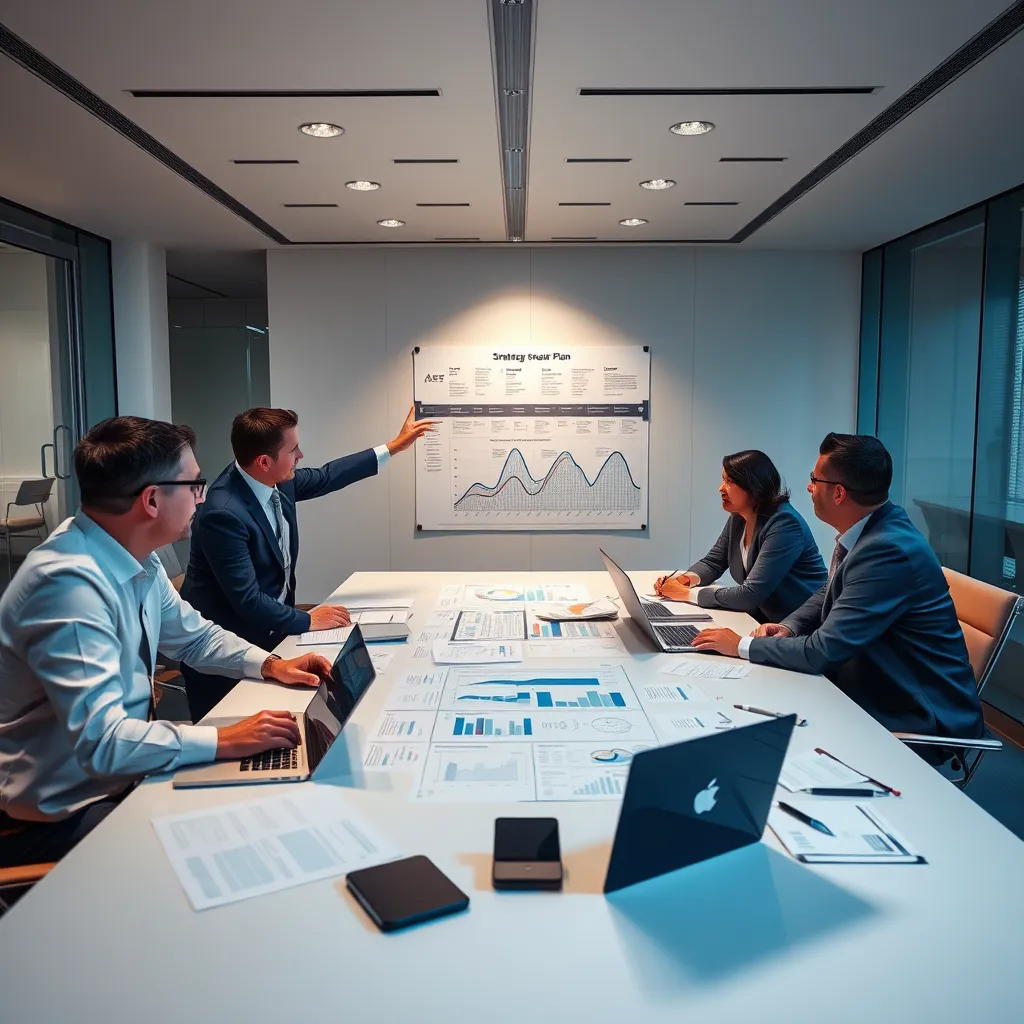 A spacious modern office with a team of executives huddled around a large table, examining a detailed strategic plan. On the table are documents, graphs, and laptops displaying complex charts. One executive points to a large roadmap chart pinned on the wall, while others nod in agreement.