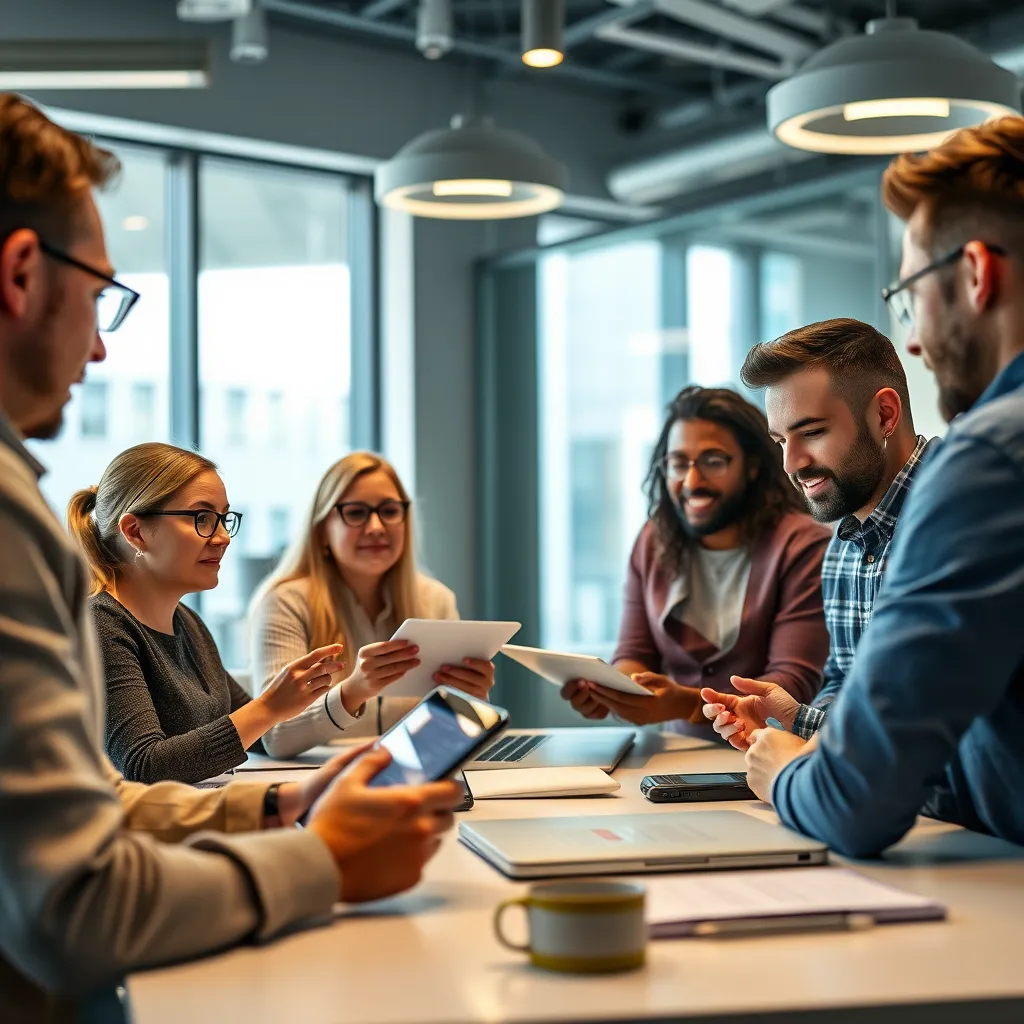 A team of developers and designers presenting a digital prototype on tablets and laptops to a focus group of diverse individuals in a well-lit, modern office environment. Highlight expressions of engagement and discussion.