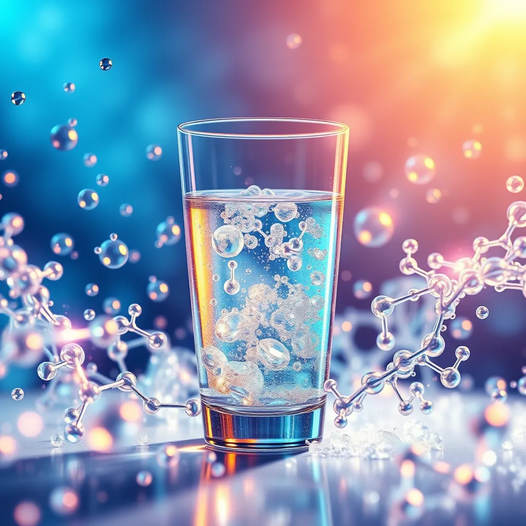 A vibrant and dynamic illustration showing a glass of hydrogen water surrounded by glowing, swirling molecules of hydrogen and oxygen. Include visual representations of free radicals being neutralized, with a bright and healthy atmosphere in the backdrop.
