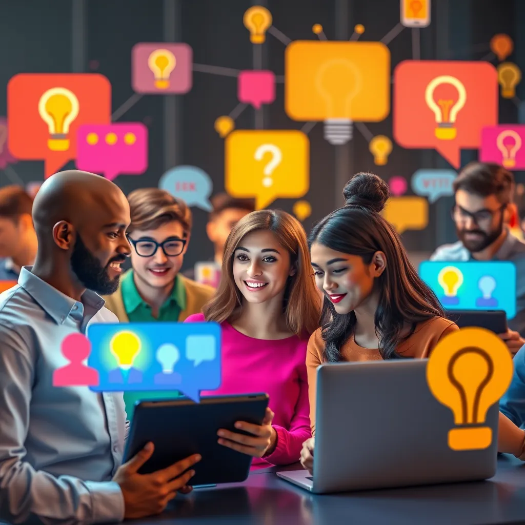 A vibrant digital forum with colorful icons of conversations, question marks, and light bulbs. People of different ethnicities and ages are engaged in animated discussions on tablets and laptops. Background elements include speech bubbles and connecting lines to signify interaction.