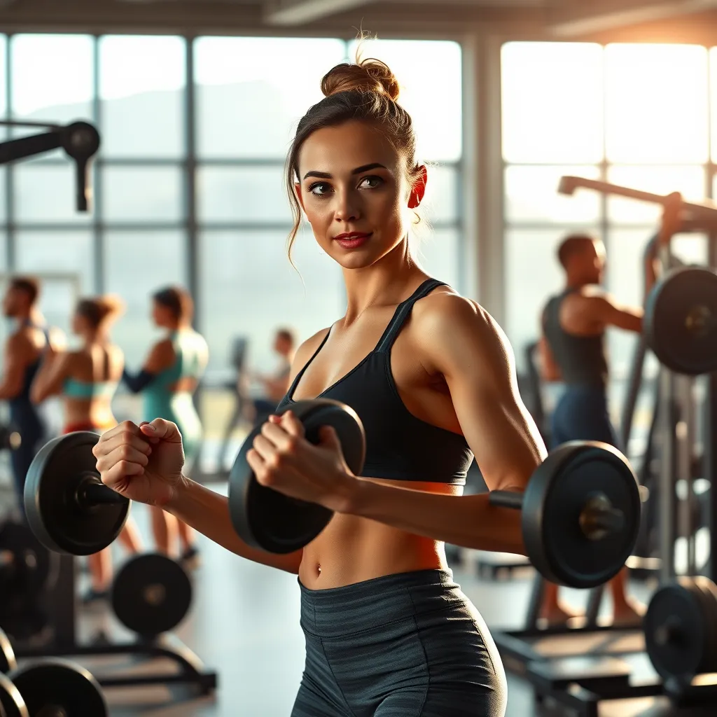 A woman in a brightly lit gym lifting weights, with clearly defined muscles, surrounded by various gym equipment. The background features large windows letting in natural light, and other people engaging in different fitness activities.