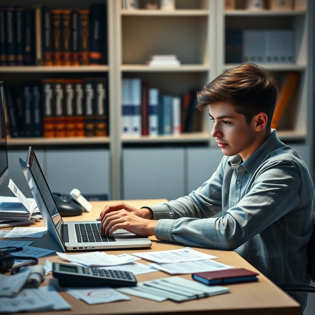 A young person sitting at a desk with a laptop, a calculator, and various bills and receipts. The person looks focused while entering data into a spreadsheet. Shelves with books labeled 'Finance' are in the background.