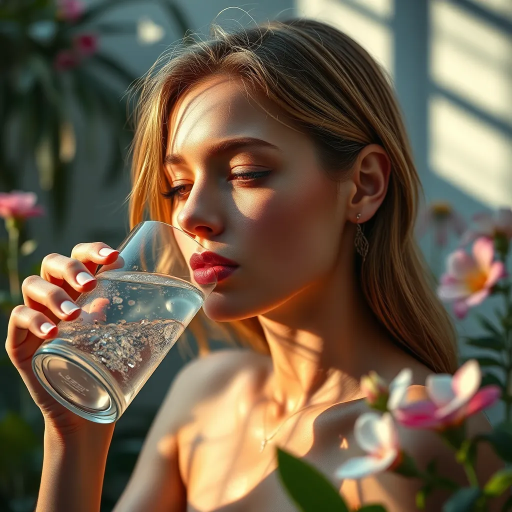 An aesthetically pleasing image of a person with radiant skin sipping hydrogen water, surrounded by natural elements like plants and flowers. Highlight the glowing skin and a serene environment to convey health and vitality.