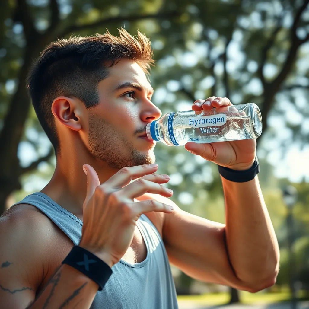 An athlete drinking hydrogen water after a workout, showcasing their refreshed expression. The scene captures an outdoor gym environment, with sunlight filtering through trees. Include a water bottle labeled 'Hydrogen Water' and a visible sweat band on their wrist.