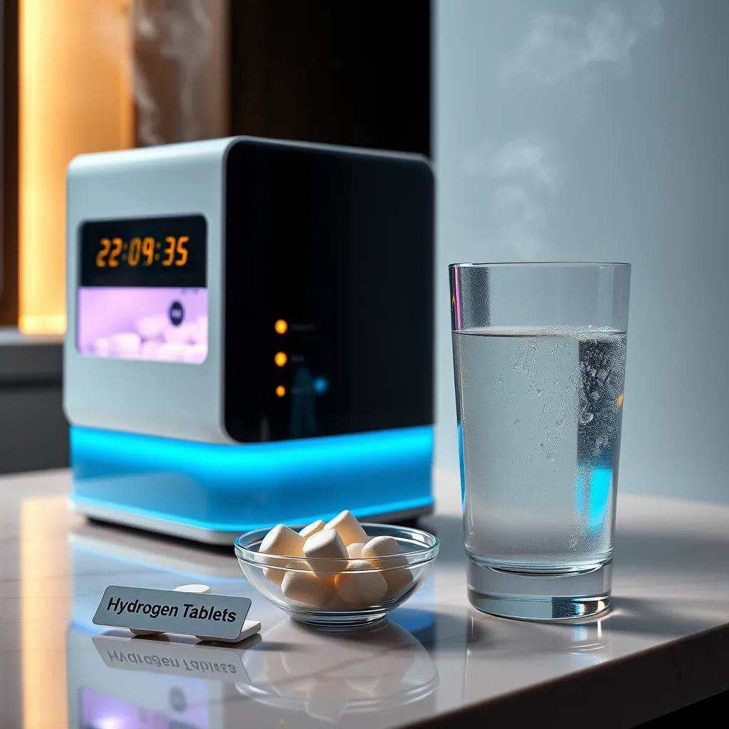 An elegant countertop featuring a sleek hydrogen water generator in use, with glowing indicators and steam. Next to it, there are tablets in a small bowl labeled 'Hydrogen Tablets', and a glass of hydrogen water ready to drink, with condensation forming on the surface.