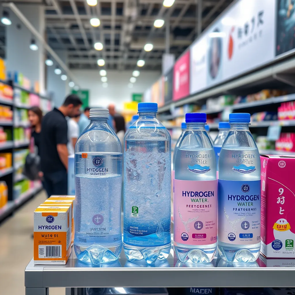An eye-catching display of various hydrogen water products on a shelf in a modern store. Include colorful packaging, with a background of health-conscious shoppers exploring the aisle, capturing the growing trend and excitement around hydrogen water.