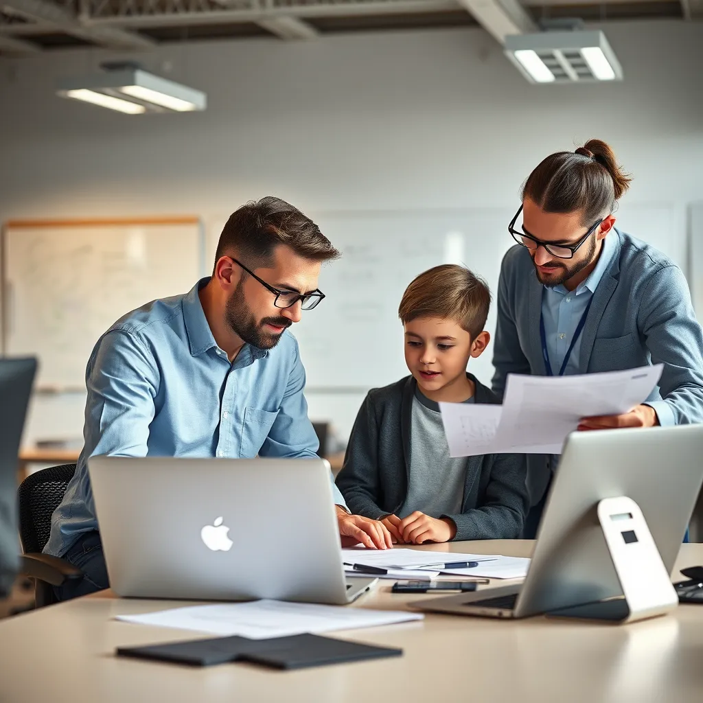 An inclusive scene showcasing a mentor helping a young learner on a laptop, while an experienced professional studies advanced materials. They are in a well-lit, collaborative workspace with whiteboards and ergonomic furniture.