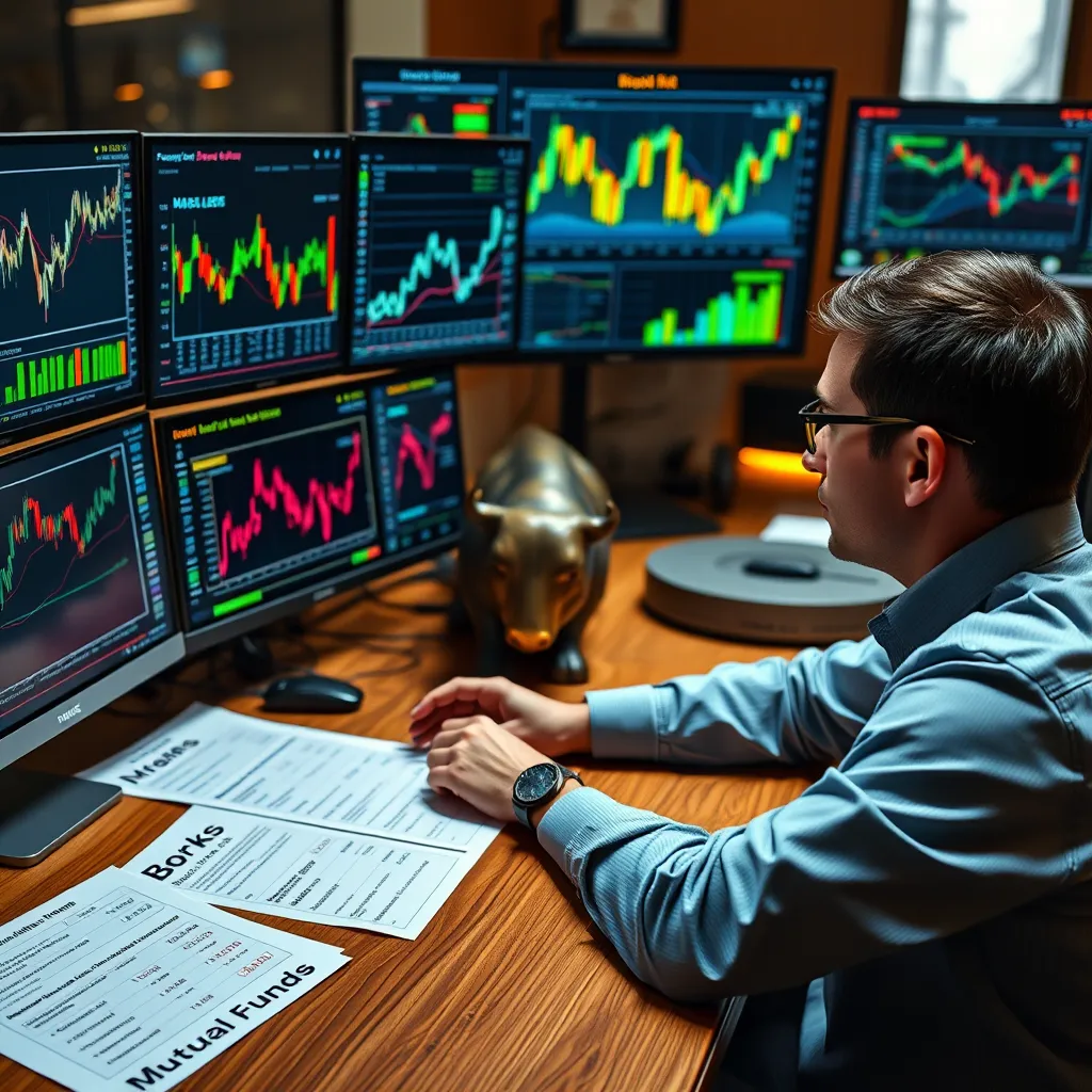An individual analyzing charts and graphs on multiple computer screens. On the desk are documents labeled 'Stocks,' 'Bonds,' and 'Mutual Funds.' There is a bull and bear statue representing the stock market in the background.