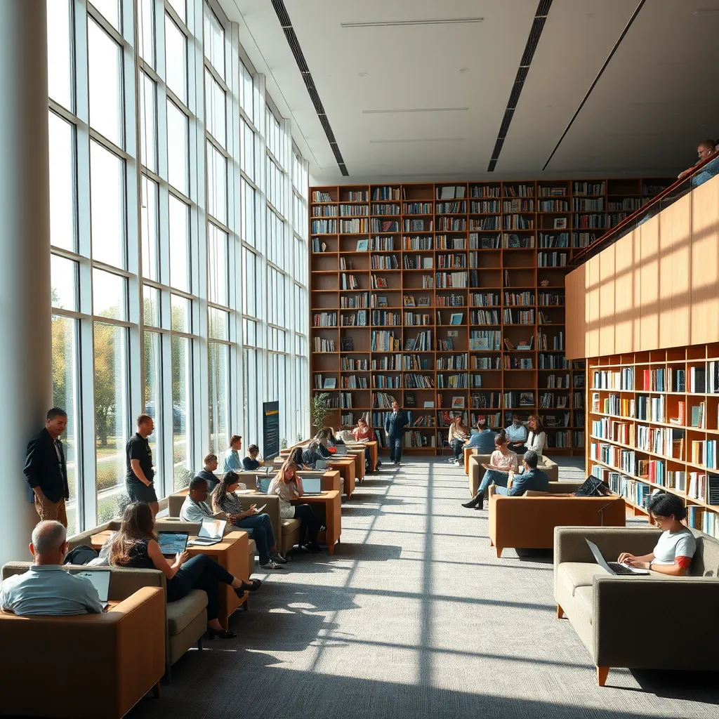 An open space with a bookshelf-lined wall and comfortable seating areas. People are engaged in reading, discussing, and working on laptops. Large windows let in natural light, creating a serene and inviting atmosphere.
