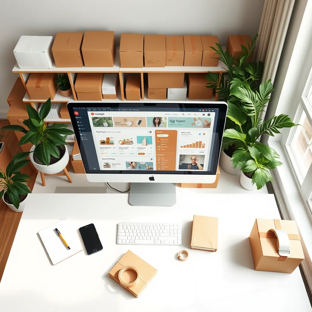 An overhead shot of a modern home office set up for an e-commerce business. The lighting is bright and natural, coming from a large window to the side, providing a soft diffused effect. The color palette features clean whites and warm wooden tones, with pops of greenery from indoor plants. The mood is innovative and productive. The camera angle from above shows a detailed workspace including a sleek desktop computer displaying an e-commerce dashboard, a smartphone, notebooks, and packaging materials like cardboard boxes and tape. The textures include the glossy screen of the monitor, the matte finish of the stationary, and the rough surface of the packaging material. Background details feature a functional yet stylish space with shelves filled with organized products and shipping materials. The imagery is in ultra-high quality, 8K resolution, hyperrealistic with ultra-detailed precision, inspired by the style of David LaChapelle.
