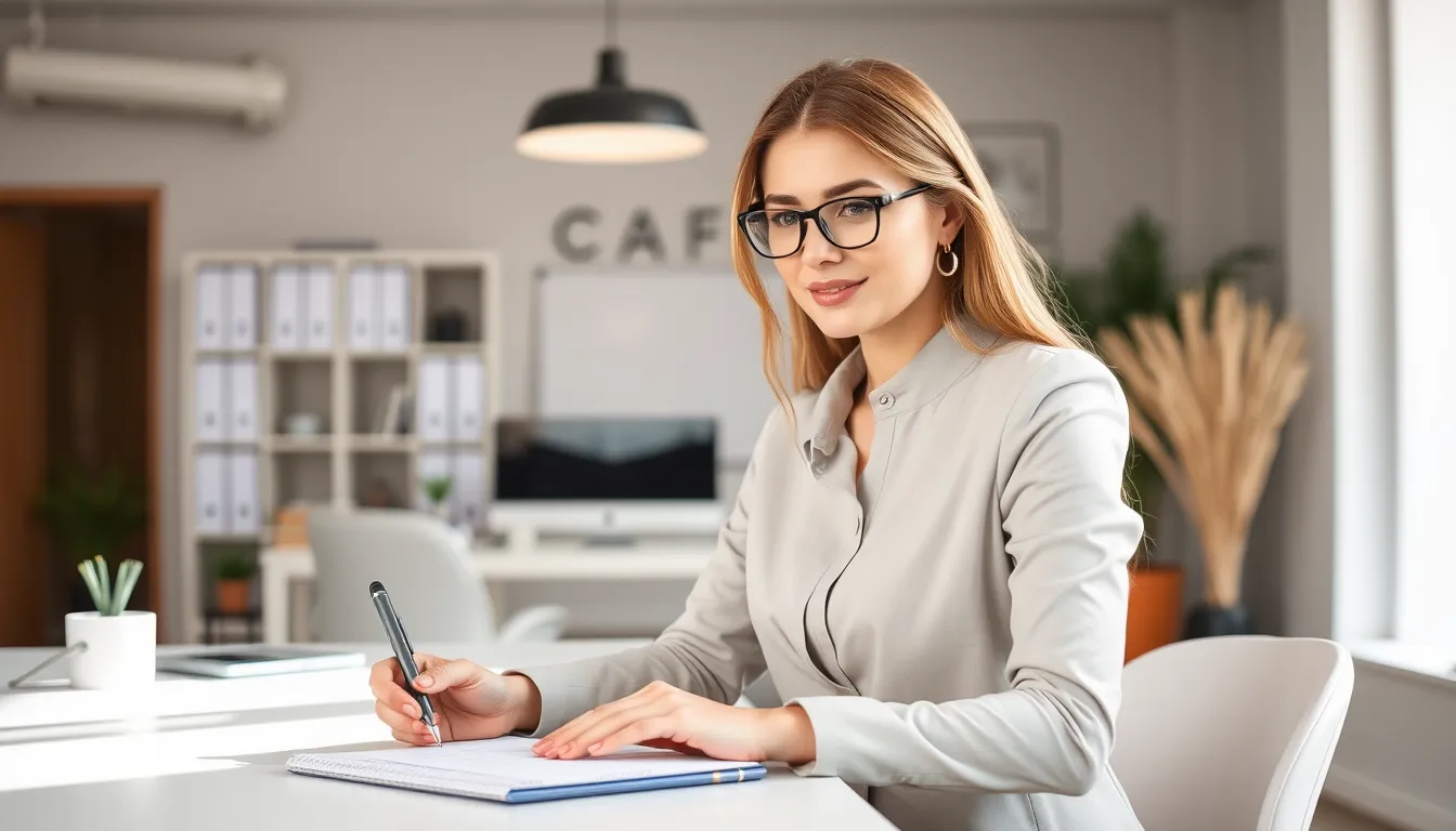 A modern workspace with a person at the desk, writing in a journal. The desk has sticky notes, notebooks, and a laptop showing a clear project plan. A large calendar with marked deadlines is visible on the wall. The background shows a tidy, organized environment.