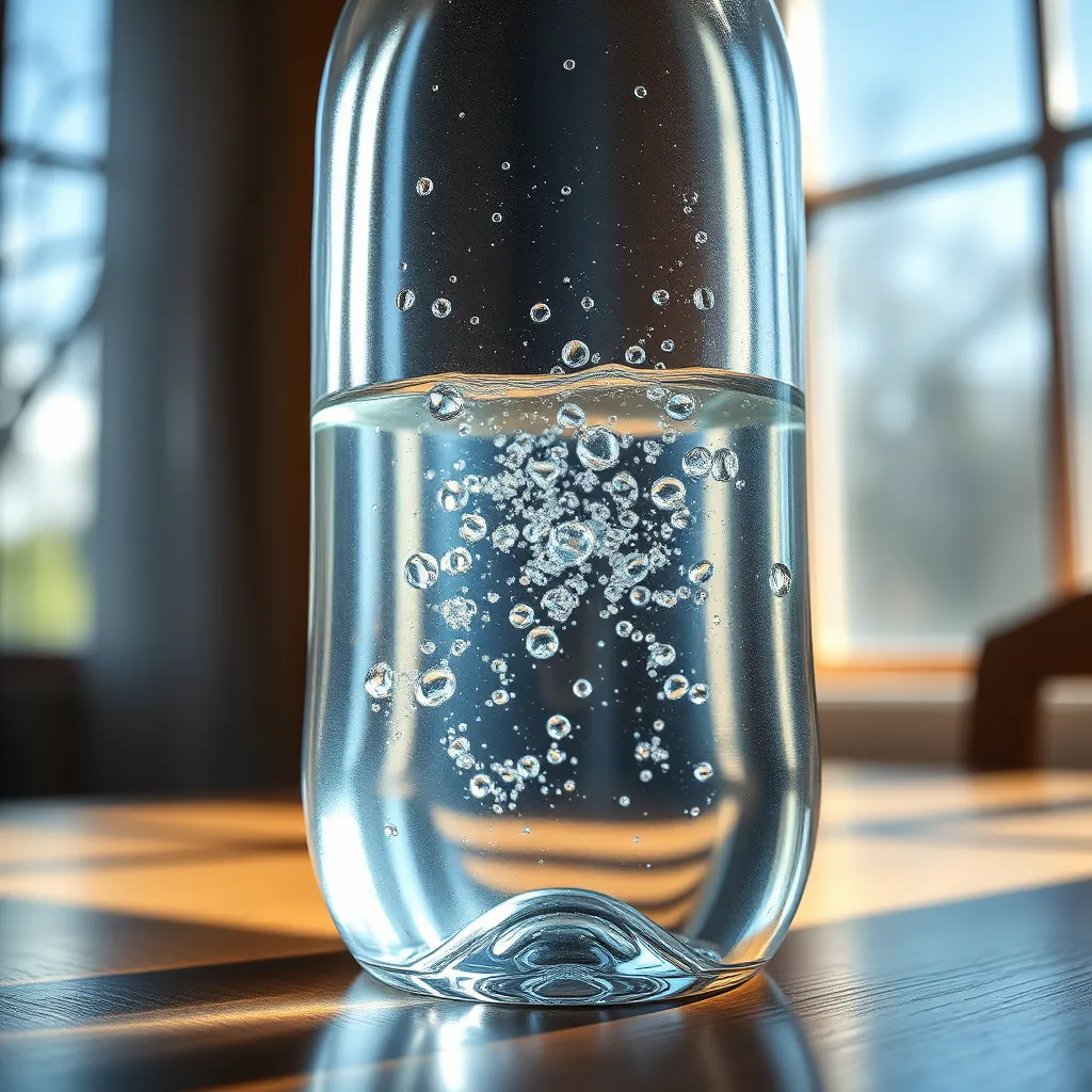 Close-up of a clear glass water bottle with refreshing water droplets on its surface, placed on a wooden table with sunlight streaming through a nearby window, highlighting the clarity and purity of the water.