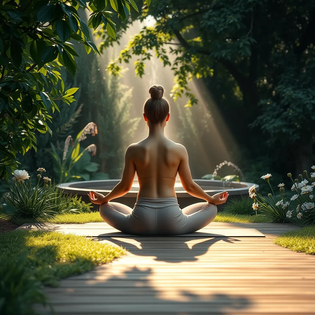 Compose a serene and photorealistic image of a person meditating in a tranquil, lush garden setting. The scene is bathed in soft, diffused morning light, casting gentle shadows and creating a calm, soothing atmosphere. The color palette includes various shades of green from the foliage, soft browns from the wooden deck, and subtle pastels from the person's yoga attire. The camera angle is at ground level, slightly tilted upwards to encompass the meditative posture and the tranquil garden environment. Textures should include the delicate leaves, dewy grass, and the smooth surface of a yoga mat. Environmental elements consist of blooming flowers, a water fountain peacefully flowing in the background, and soft, ambient garden sounds. The style should be reminiscent of the meditative tranquility captured by Ansel Adams in nature photography. Technical specifications include 8K resolution, hyperrealistic details, and an ultra-detailed, zen-like composition.