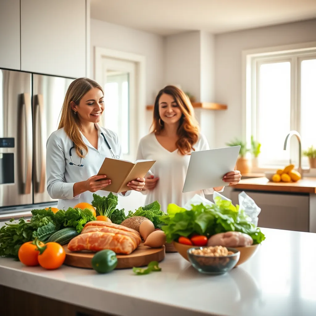 Create a photorealistic image of a nutritionist reviewing a personalized nutrition plan with a client. The setting is a modern, bright kitchen with natural daylight streaming through large windows, casting a warm and inviting ambiance. The color palette consists of soft neutrals with pops of fresh green and orange from fruits and vegetables on the counter. The camera angle is slightly elevated, capturing both the nutritionist and the client from the front. The detail of the food items, including leafy greens, fruits, lean proteins, and whole grains, should be hyper-realistic, showcasing their vibrant textures. Include background elements like a sleek, stainless steel refrigerator, a wooden island, and modern kitchen appliances. The image style should echo the polished professionalism of lifestyle photography by Annie Leibovitz. Technical specifications include 8K resolution, hyperrealistic focus, and ultra-detailed rendering.
